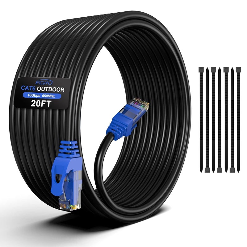 ecjtu 20FT Cat6 Outdoor Ethernet Cable, In-Ground, Heavy Duty Direct Burial, 24AWG CCA Patch Cord, PoE, UTP, Waterproof, LLDPE UV Resistant, Network, Internet, LAN, Cat 6 Cable 20 Feet with 25 Cable Ties - Image 1